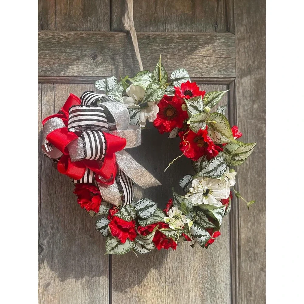 Colorful Spring Wreath; Faux Floral Door Accent; Red and White Wreath